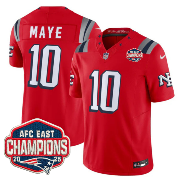 New England Patriots 2025 “Rivalries” AFC East Champions Vapor Limited Jersey – All Stitched – Red – Drake Maye Jersey