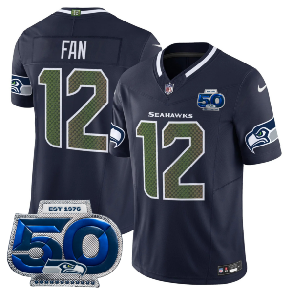 Seattle Seahawks 2025 “Rivalries” 50th Season Patch Vapor Limited Jersey – All Stitched – College Navy – 12th Fan Jersey