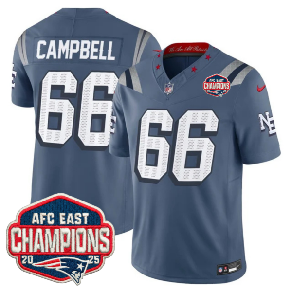 New England Patriots AFC East Champions Patch Vapor Limited Jersey – All Stitched – Storm Blue – Will Campbell Jersey