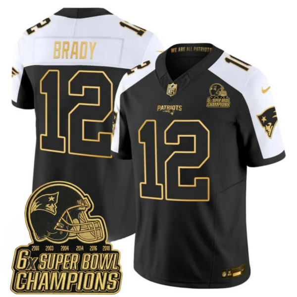 New England Patriots 6-Time Champions & Massachusetts Patch Vapor Limited Jersey V3- All Stitched – Black Alternate – Tom Brady Jersey