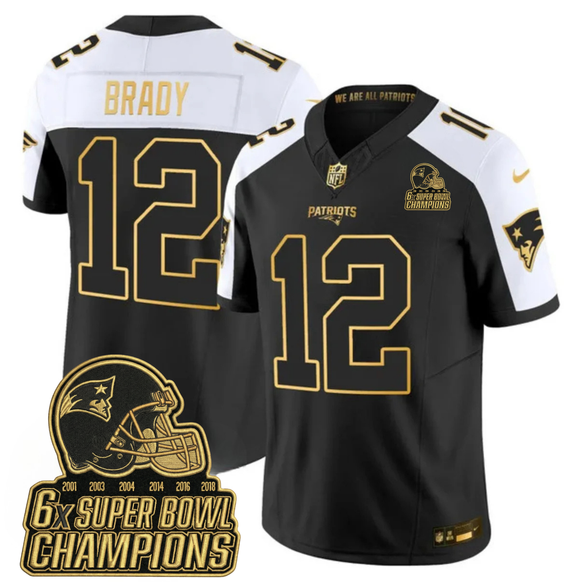 New England Patriots 6-Time Champions & Massachusetts Patch Vapor Limited Jersey V3- All Stitched – Black Alternate – Tom Brady Jersey