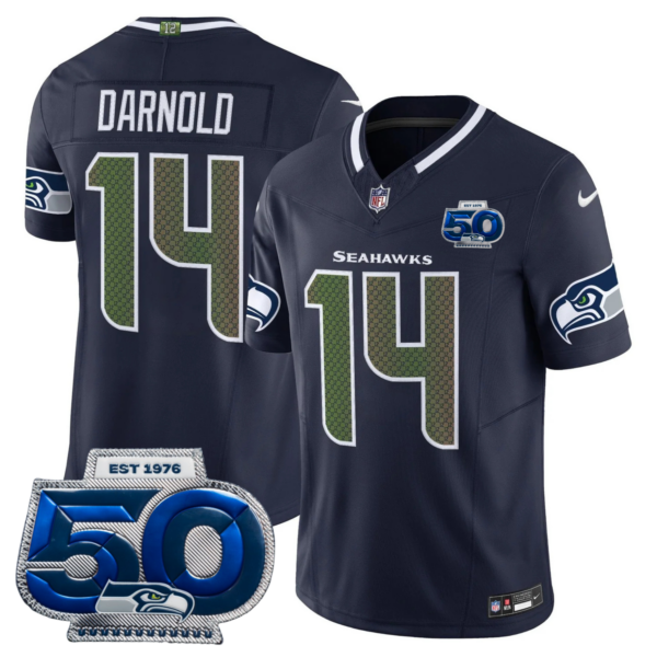 Seattle Seahawks 2025 “Rivalries” 50th Season Patch Vapor Limited Jersey – All Stitched – College Navy – Sam Darnold Jersey