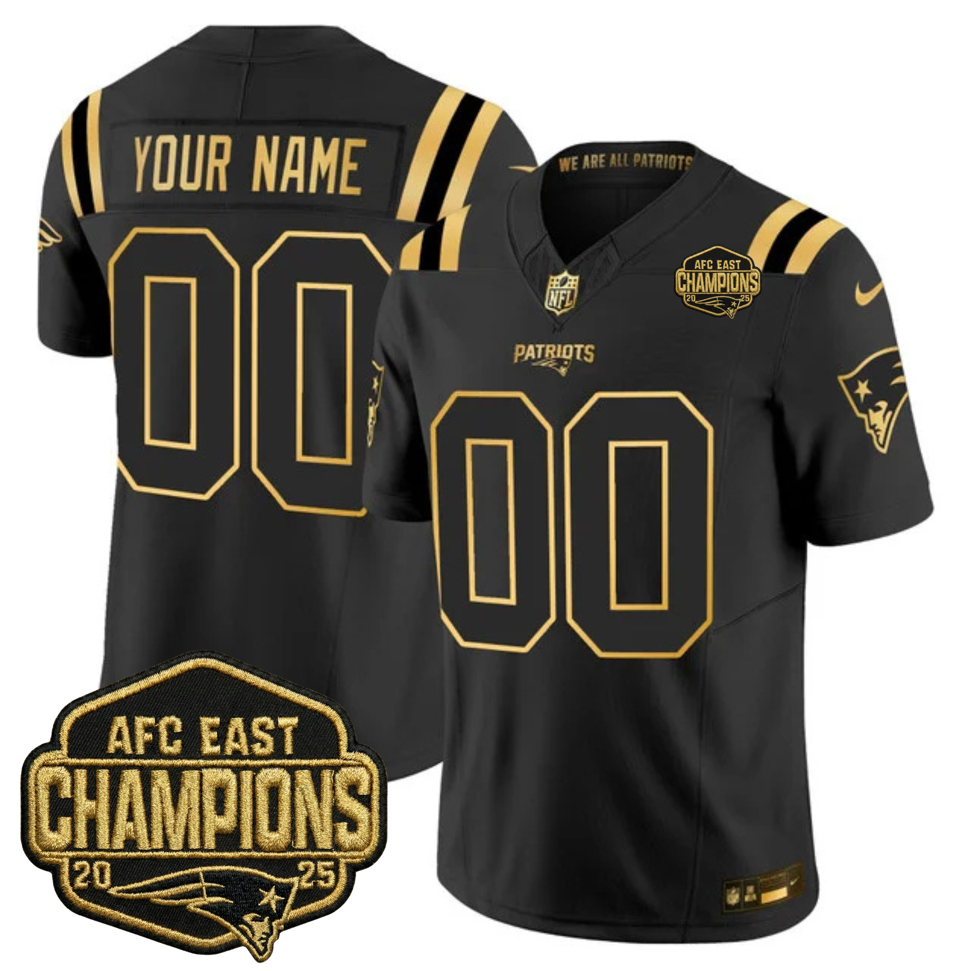 New England Patriots 2025 AFC East Champions Gold Vapor Limited Custom Jersey – All Stitched – Black Gold – Drake Maye Jersey