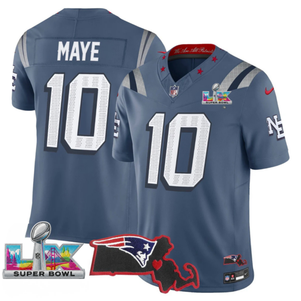 New England Patriots Super Bowl LX Patch Vapor Limited Jersey – All Stitched – Storm Blue – Drake Maye Jersey