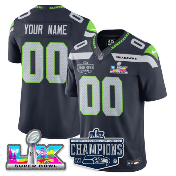 Seattle Seahawks 2025 NFC Champions Vapor Limited Custom Jersey – All Stitched – Navy Jersey