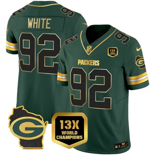 Green Bay Packers 13x Time World Champions Patch Gold Limited Jersey ? All Stitched – Reggie White Jersey