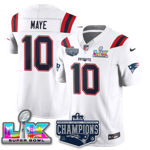 New England Patriots 2025 AFC Champions Vapor Limited Jersey – All Stitched – White – Drake Maye Jersey