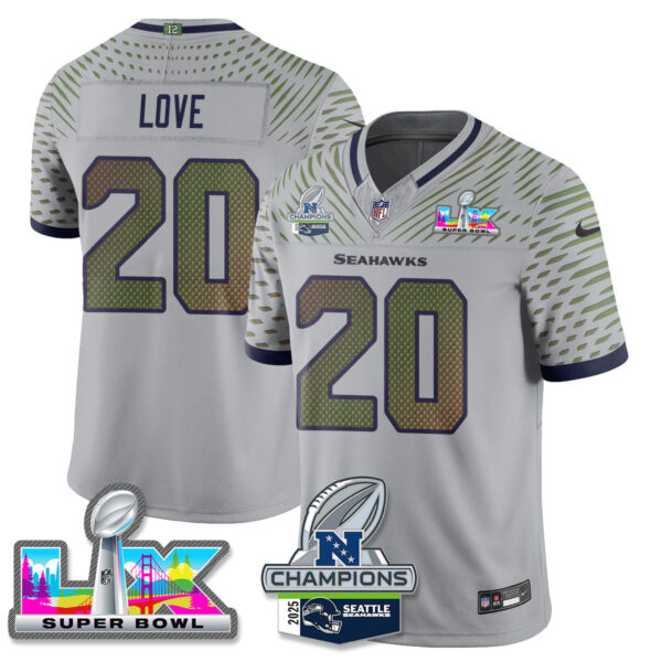 Seattle Seahawks 2025 NFC Champions Vapor Limited Jersey V2 – All Stitched – Wolf Gray – Julian Love Jersey