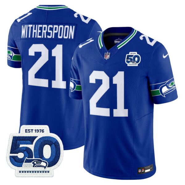 Seattle Seahawks Throwback Vapor Limited Jersey – 50th Anniversary Patch – All Stitched – Royal – Devon Witherspoon Jersey