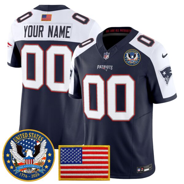 New England Patriots “United States 250th Anniversary Patch” Vapor Limited Custom Jersey – All Stitched – Men – Navy Alternate Jersey