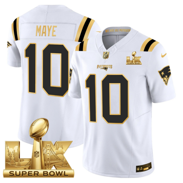 New England Patriots Super Bowl LX Patch Vapor Limited Gold Jersey – All Stitched – White Gold – Drake Maye Jersey