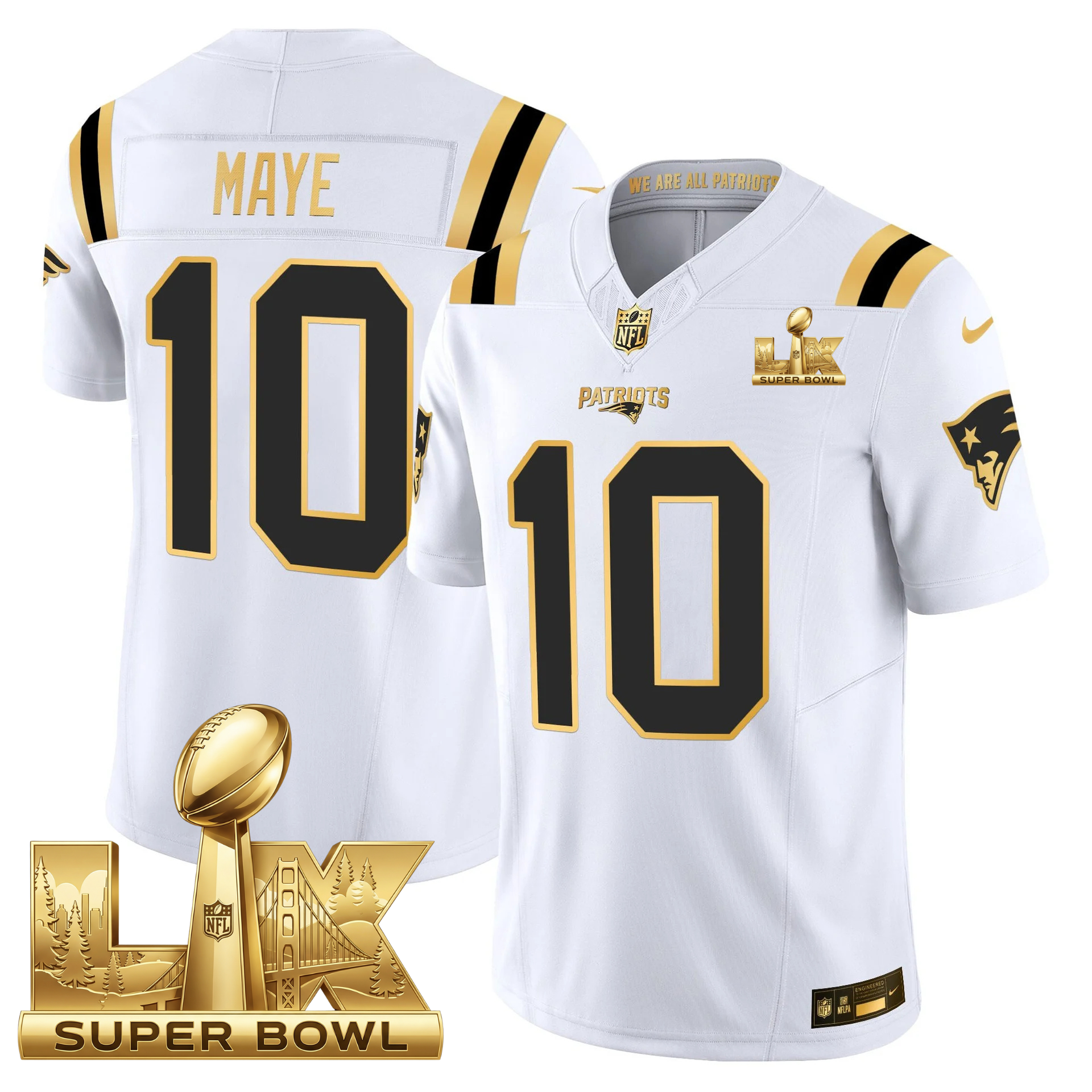 New England Patriots Super Bowl LX Patch Vapor Limited Gold Jersey – All Stitched – White Gold – Drake Maye Jersey