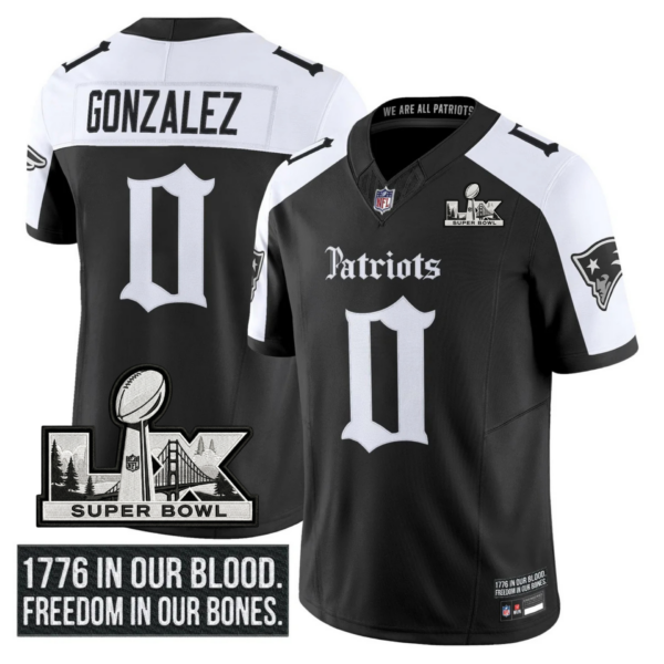 New England Patriots Super Bowl LX Patch Vapor Limited Gothic Jersey – All Stitched – Black Alternate – Christian Gonzalez Jersey