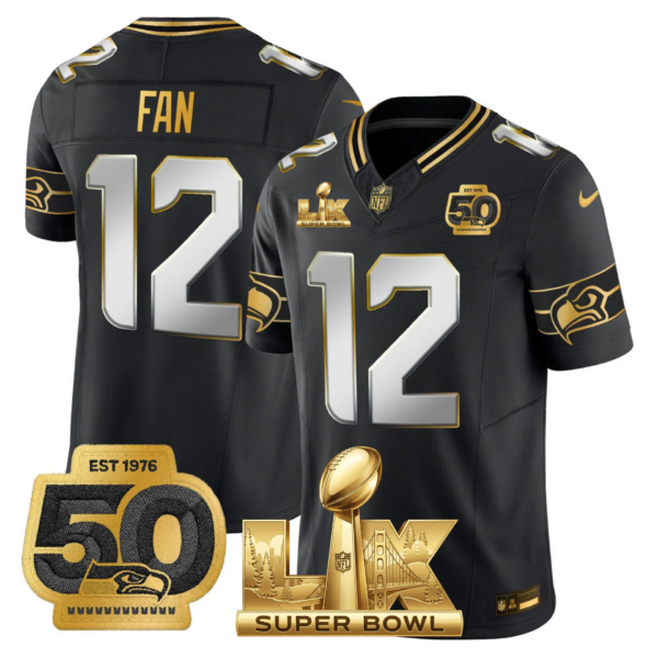 Seattle Seahawks Super Bowl LX Patch Gold Jersey – All Stitched – Black Limited – 12th Fan Jersey