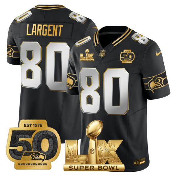 Seattle Seahawks Super Bowl LX Patch Gold Jersey – All Stitched – Black Limited – Steve Largent Jersey