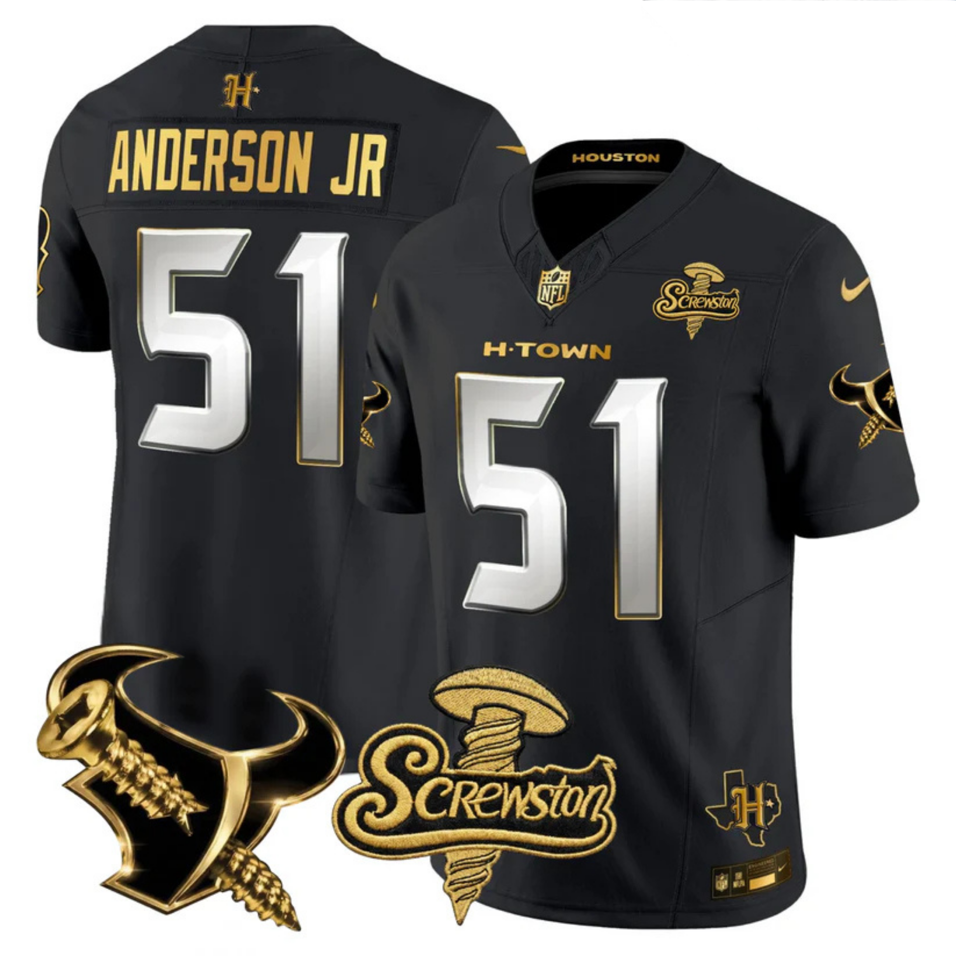 Houston Texans 2026 DJ Screw Vapor Limited Gold Edition Jersey – All Stitched – Black Limited – Will Anderson Jr. Jersey