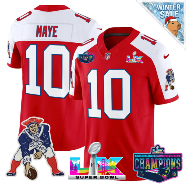 New England Patriots 2025 Vapor Jersey – AFC Champions Limited Patch – All Stitched – Red Throwback Alternate – Drake Maye Jersey