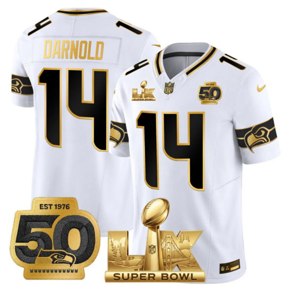 Seattle Seahawks Super Bowl LX Patch Gold Jersey – All Stitched – White Gold – Sam Darnold Jersey