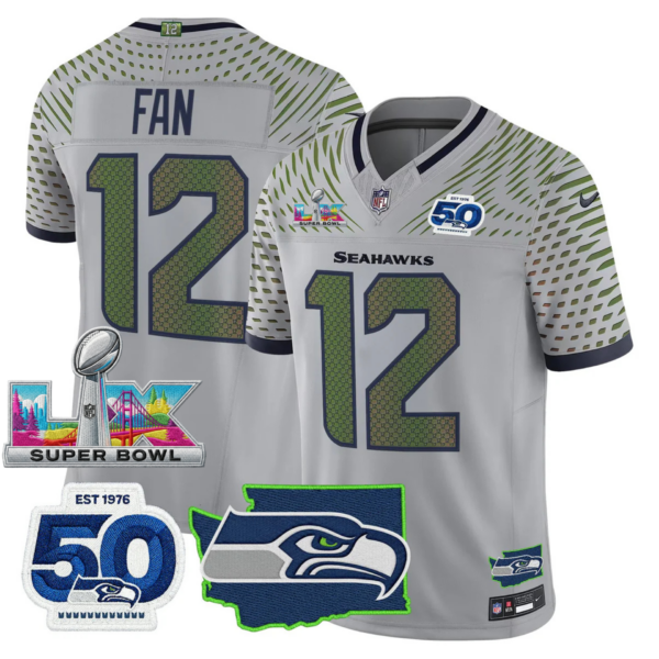 Seattle Seahawks Super Bowl LX Patch Jersey – All Stitched – Wolf Gray – 12th Fan Jersey