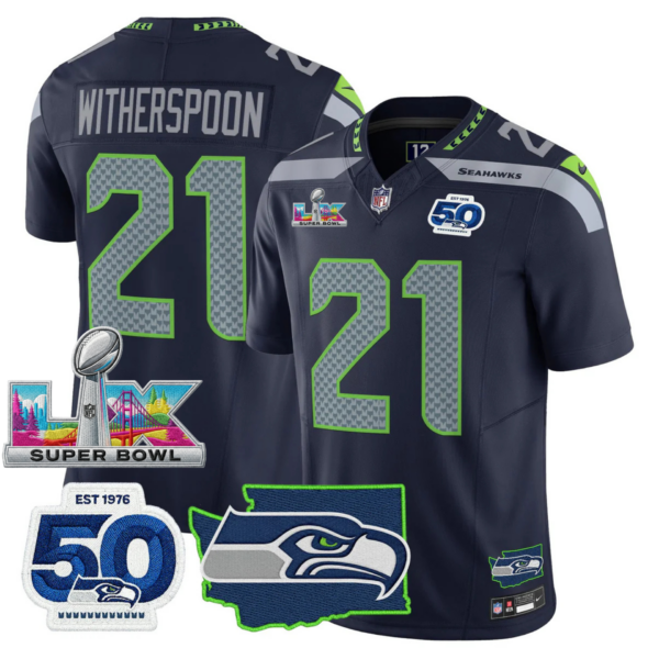 Seattle Seahawks Super Bowl LX Patch Jersey – All Stitched – College Navy – Devon Witherspoon Jersey