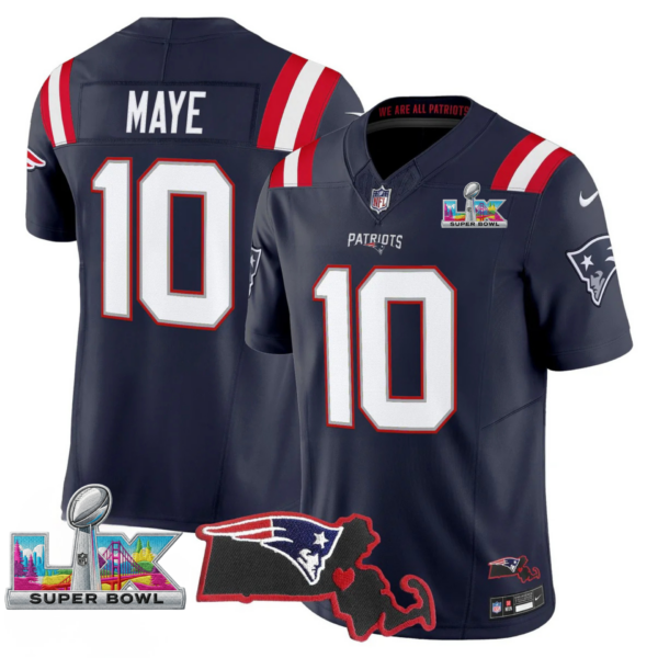 New England Patriots Super Bowl LX Patch Vapor Limited Jersey – All Stitched – Navy – Drake Maye Jersey