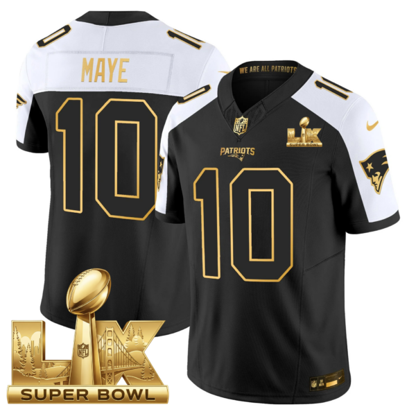New England Patriots Super Bowl LX Patch Vapor Limited Gold Jersey – All Stitched – Black Alternate – Drake Maye Jersey