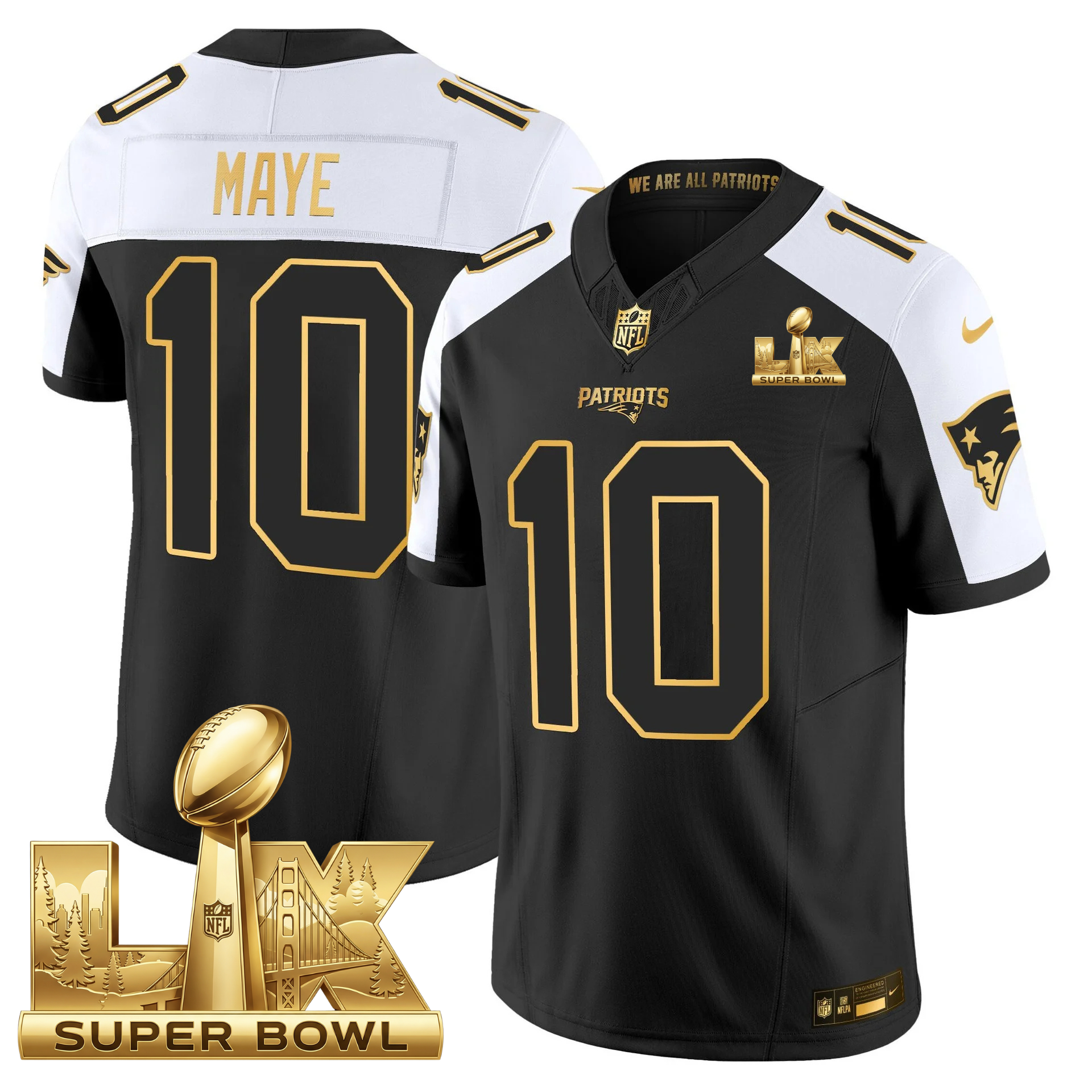 New England Patriots Super Bowl LX Patch Vapor Limited Gold Jersey – All Stitched – Black Alternate – Drake Maye Jersey
