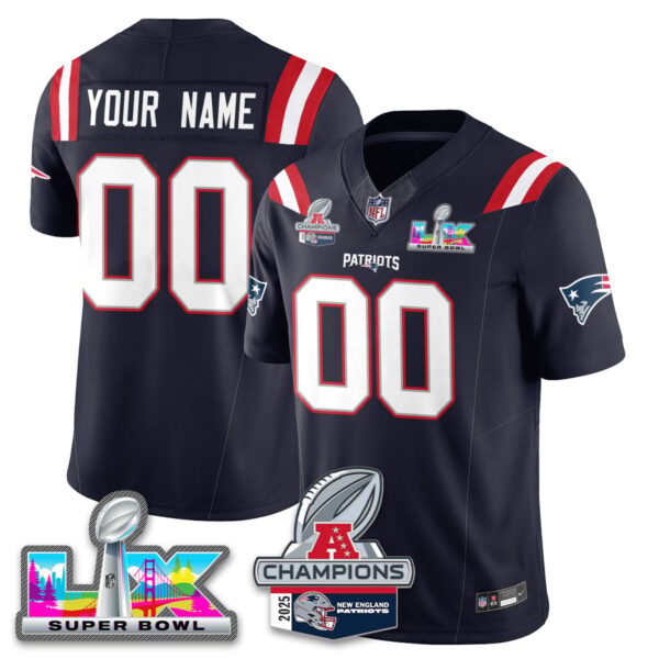 Custom New England Patriots 2025 AFC Champions Vapor Limited Jersey V2 – All Stitched – Navy Jersey
