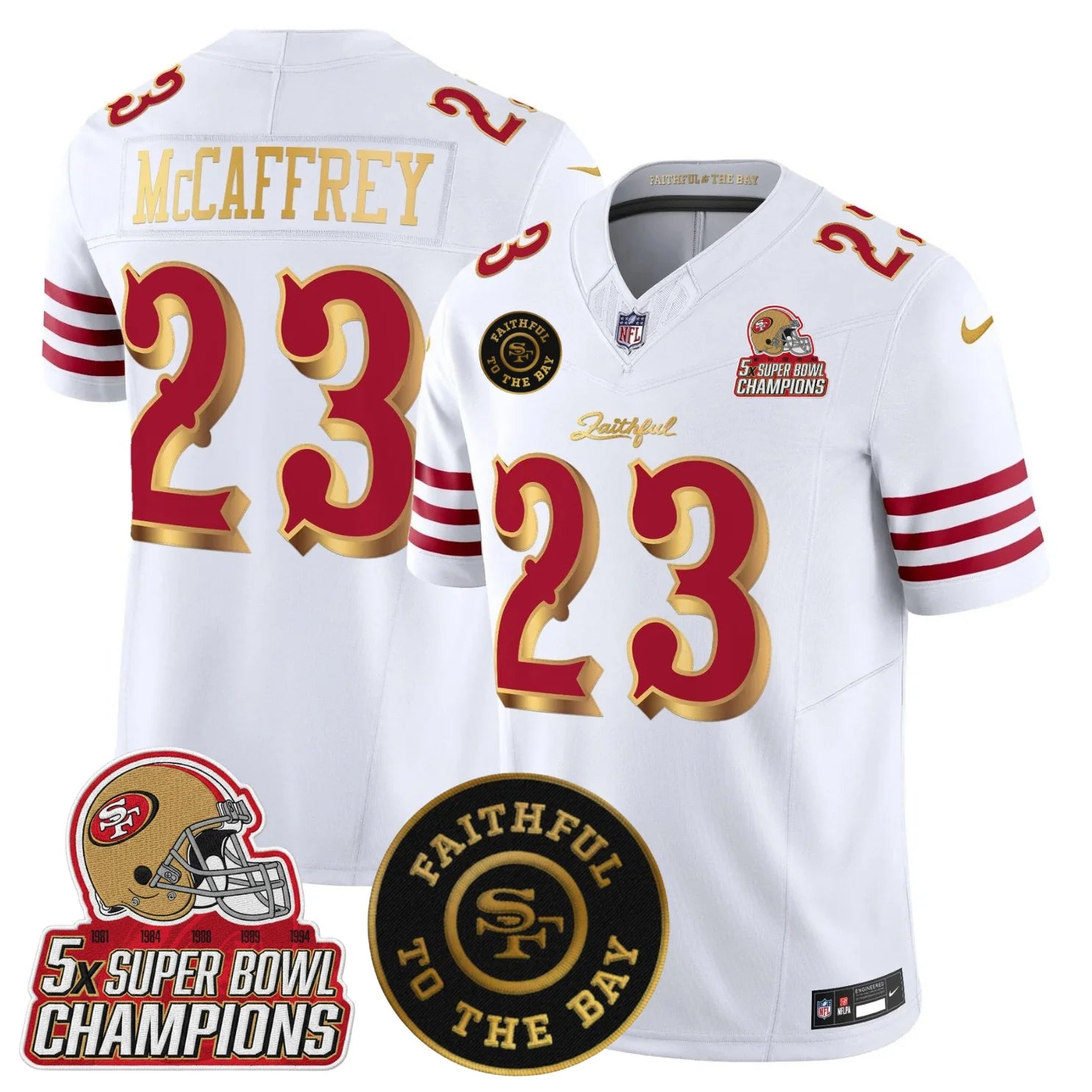 San Fransisco 49ers 2025 “Rivalries” 5x Champions & Faithful To The Bay Patch Vapor Limited Jersey – All Stitched – White Gold – Christian McCaffrey Jersey