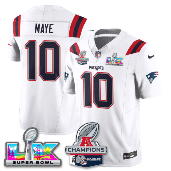 New England Patriots 2025 AFC Champions Vapor Limited Jersey V2 – All Stitched – White – Drake Maye Jersey