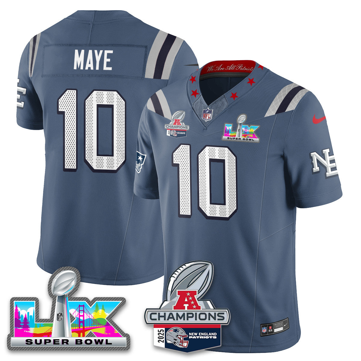New England Patriots 2025 AFC Champions Vapor Limited Jersey V2 – All Stitched – Storm Blue – Drake Maye Jersey