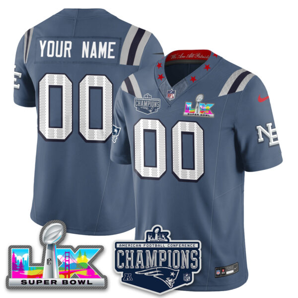 New England Patriots 2025 AFC Champions Vapor Limited Custom Jersey – All Stitched – Storm Blue Jersey