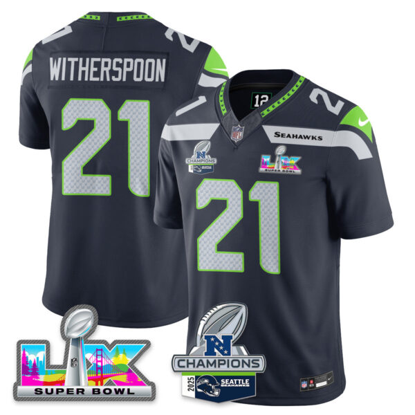 Seattle Seahawks 2025 NFC Champions Vapor Limited Jersey V2 – All Stitched – Navy – Devon Witherspoon Jersey
