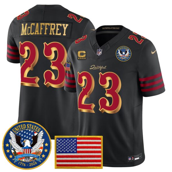 Men’s San Francisco 49ers “United States 250th Anniversary Patch” Vapor Limited Jersey – All Stitched – Black Rivalries – Christian McCaffrey Jersey
