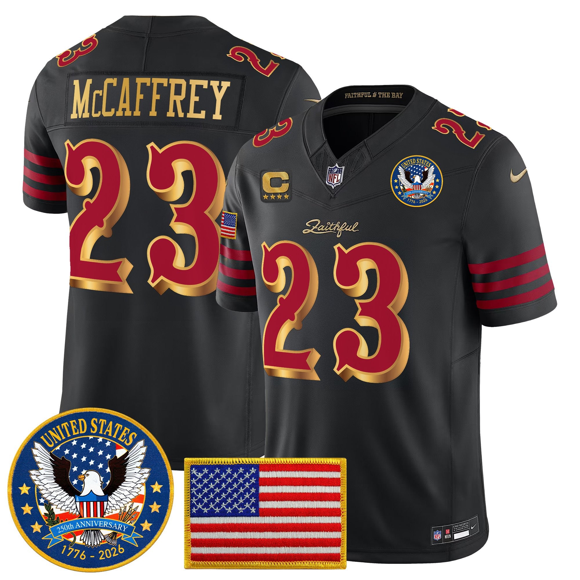 Men’s San Francisco 49ers “United States 250th Anniversary Patch” Vapor Limited Jersey – All Stitched – Black Rivalries – Christian McCaffrey Jersey