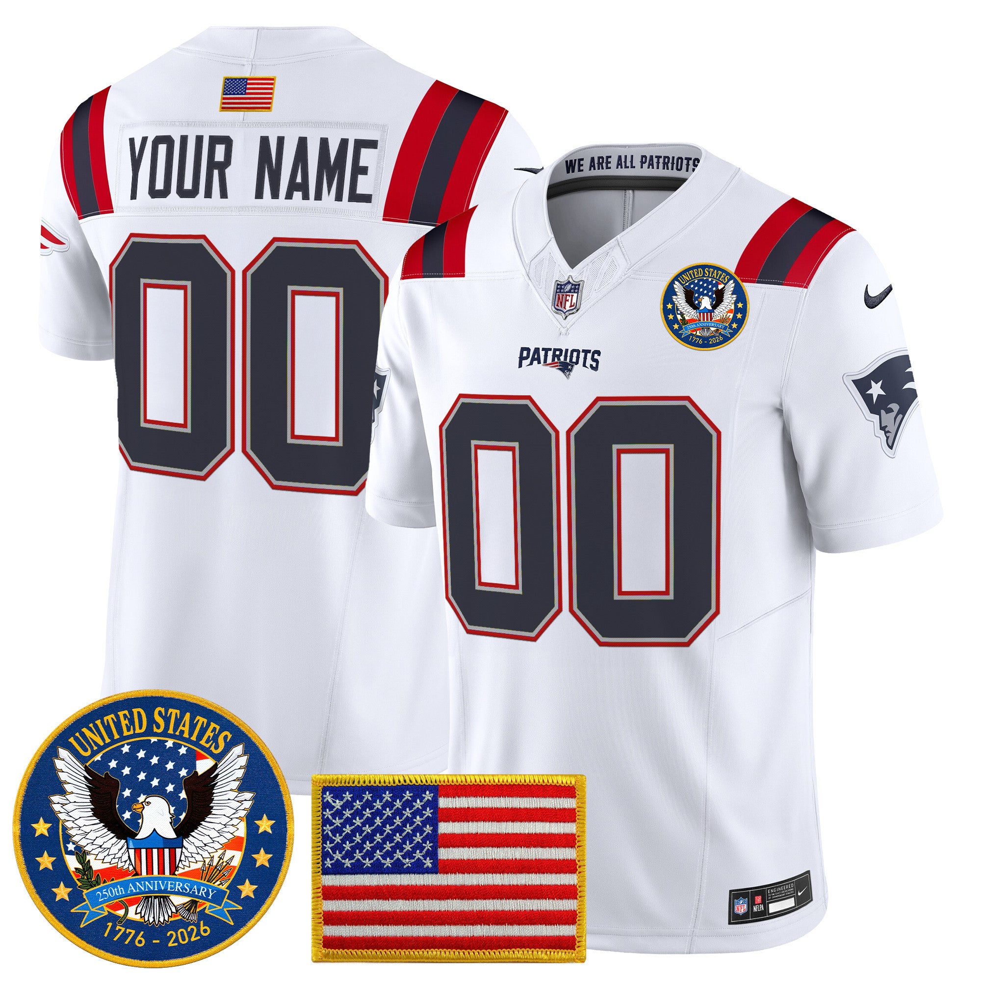 New England Patriots “United States 250th Anniversary Patch” Vapor Limited Custom Jersey – All Stitched – Men – White Jersey