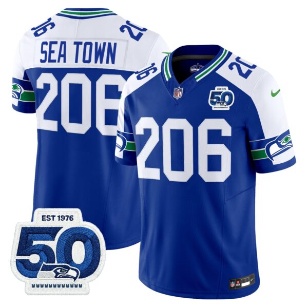 Seattle Seahawks Throwback Vapor Limited Jersey – 50th Anniversary Patch – All Stitched – Royal Alternate – Sea Town 206 Jersey