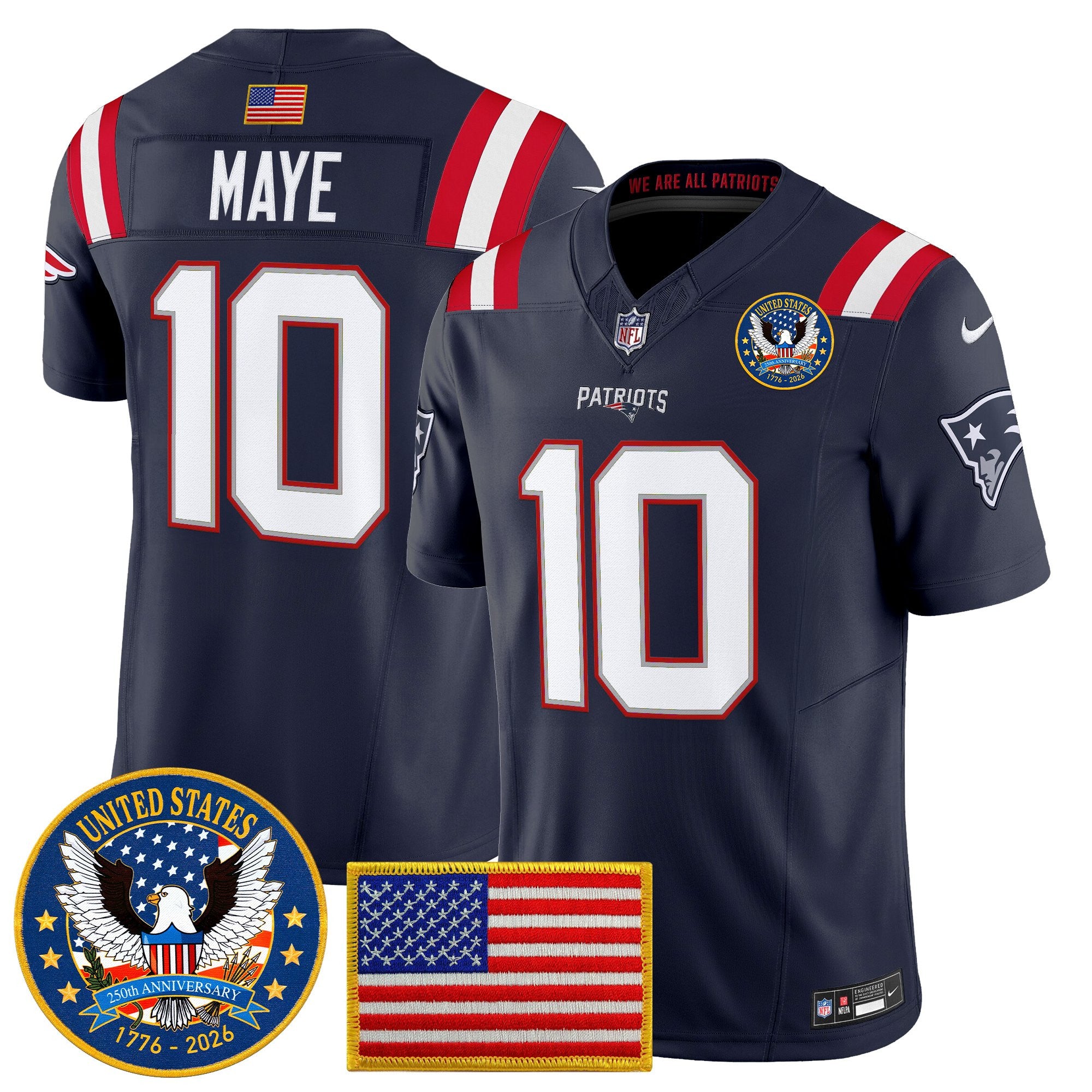 Men’s New England Patriots “United States 250th Anniversary Patch” Vapor Limited Jersey – All Stitched – Navy – Drake Maye Jersey