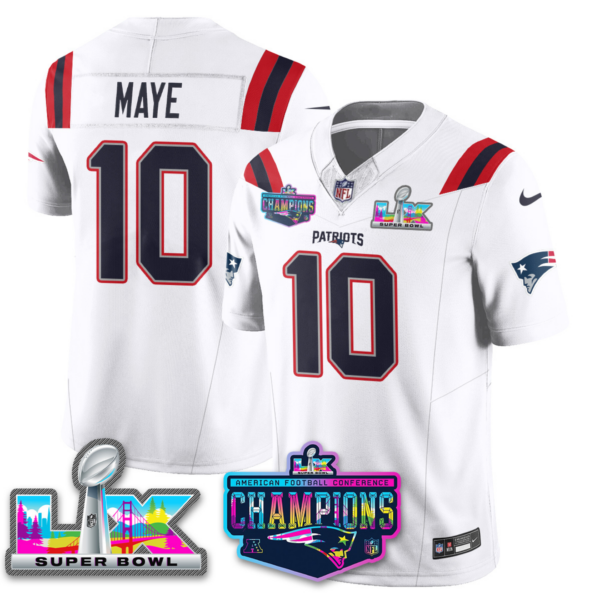 New England Patriots 2025 Vapor Jersey – AFC Champions Limited Patch – All Stitched – White – Drake Maye Jersey