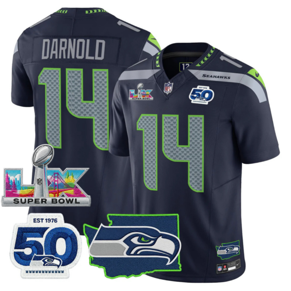 Seattle Seahawks Super Bowl LX Patch Jersey – All Stitched – College Navy – Sam Darnold Jersey
