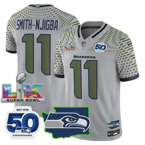 Seattle Seahawks Super Bowl LX Patch Jersey – All Stitched – Wolf Gray – Smith-Njigba Jersey