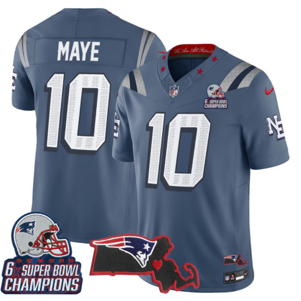 New England Patriots 6-Time Champions & Massachusetts Patch Vapor Limited Jersey V3- All Stitched – Storm Blue – Drake Maye Jersey
