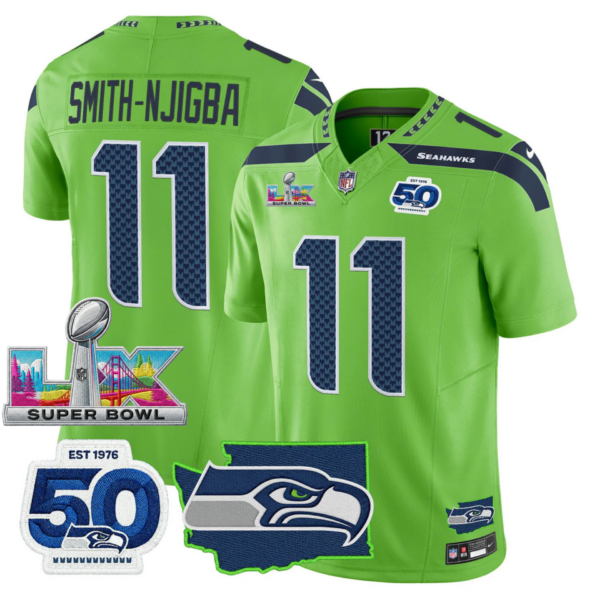 Seattle Seahawks Super Bowl LX Patch Jersey – All Stitched – Green – Smith-Njigba Jersey