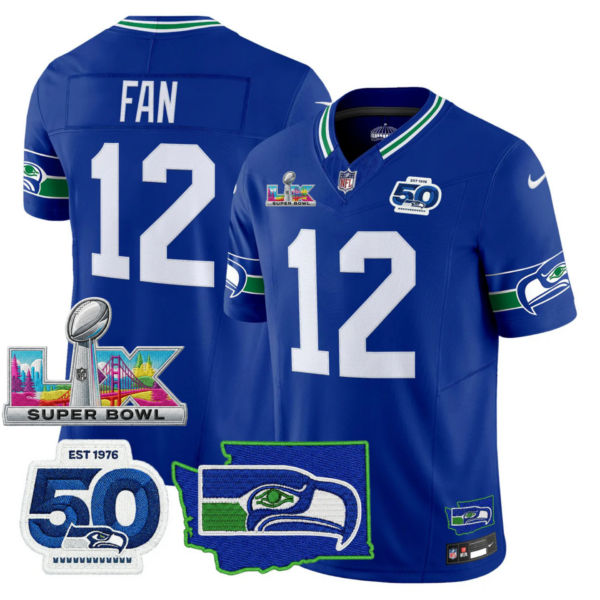 Seattle Seahawks Super Bowl LX Patch Jersey – All Stitched – Royal – 12th Fan Jersey