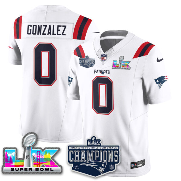 New England Patriots 2025 AFC Champions Vapor Limited Jersey – All Stitched – White – Christian Gonzalez Jersey
