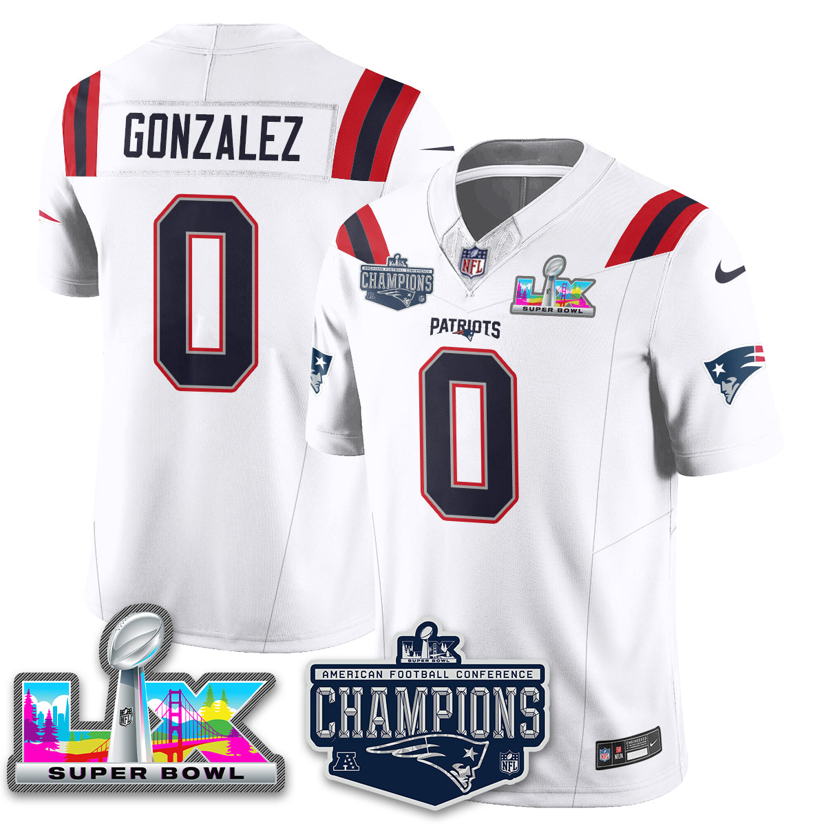New England Patriots 2025 AFC Champions Vapor Limited Jersey – All Stitched – White – Christian Gonzalez Jersey