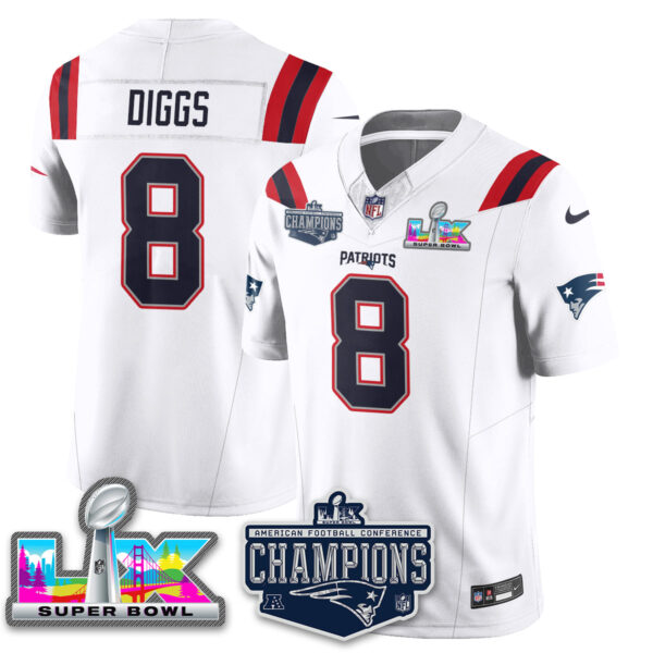 New England Patriots 2025 AFC Champions Vapor Limited Jersey – All Stitched – White – Stefon Diggs Jersey