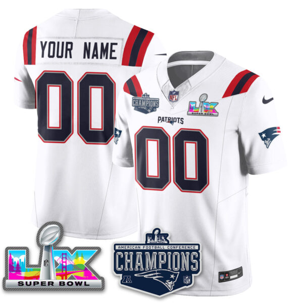 New England Patriots 2025 AFC Champions Vapor Limited Custom Jersey – All Stitched – White Jersey