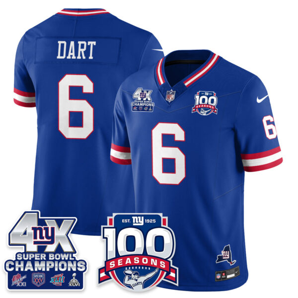New York Giants 4-Time Champions Vapor Limited Jersey- 100th Season – All Stitched – Royal – Jaxson Dart Jersey