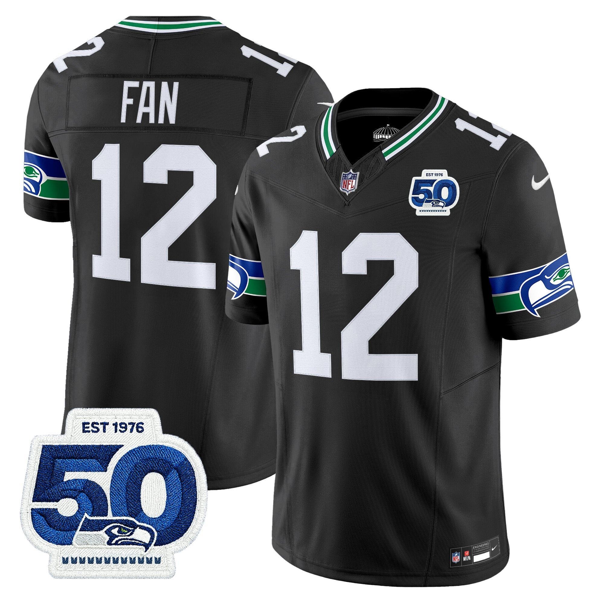 Seattle Seahawks Throwback Vapor Limited Jersey – 50th Anniversary Patch – All Stitched – Black – 12th Fan Jersey